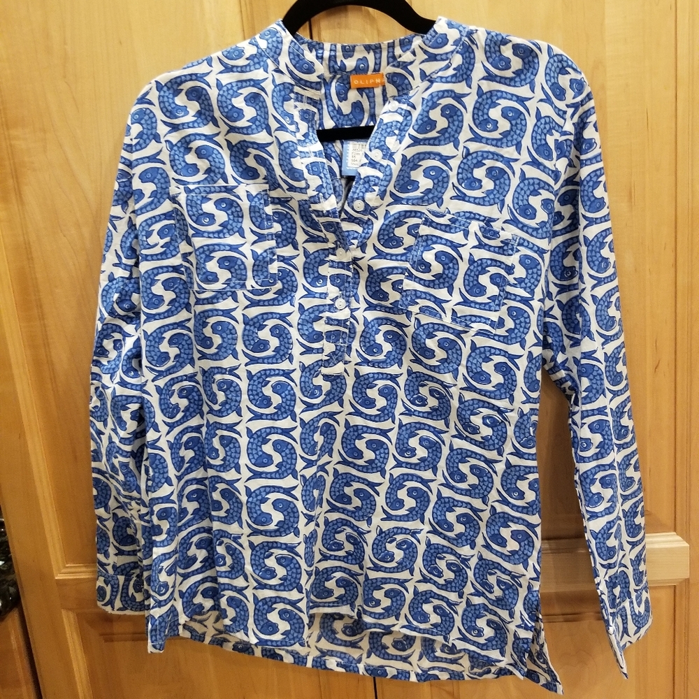 Oliphant Fish Mandarin Blue Blouse XS NWT 84$